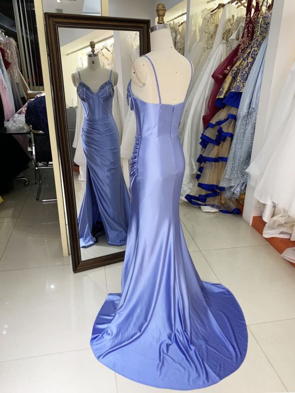 New beading tassels wholesale blue long gowns evening dresses for prom dress satin