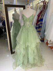 Wholesale corset mint green embroidery tulle ruffle skirt sleeveless zipper up back A line prom evening dresses 2025