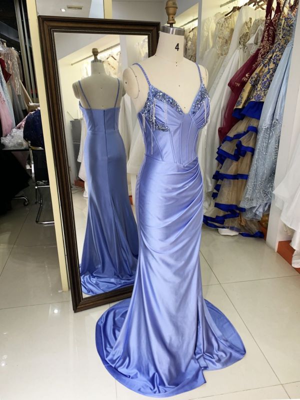 New beading tassels wholesale blue long gowns evening dresses for prom dress satin