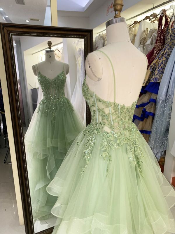 Wholesale corset mint green embroidery tulle ruffle skirt sleeveless zipper up back A line prom evening dresses 2025