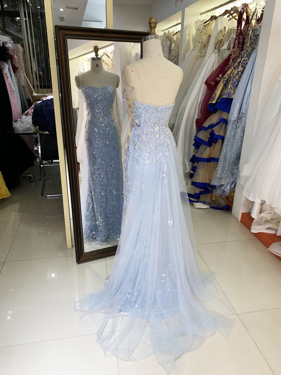 light blue sweetheart corset sequin mermaid overskirt glitter mermaid zipper up back long gown evening prom dress 2025
