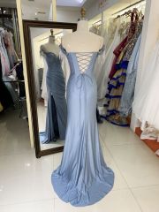 Dusty blue off shoulder corset rhinestone shiny jersey mermaid hand pleated long gown evening prom dress 2025