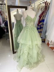 Wholesale corset mint green embroidery tulle ruffle skirt sleeveless zipper up back A line prom evening dresses 2025