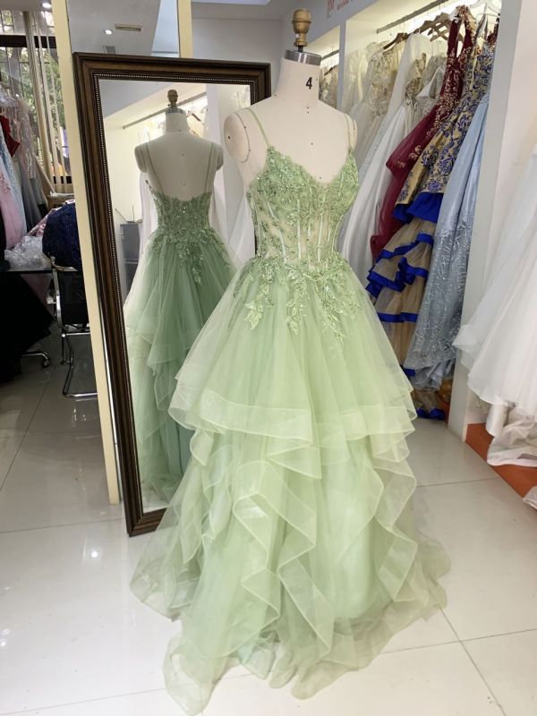 Wholesale corset mint green embroidery tulle ruffle skirt sleeveless zipper up back A line prom evening dresses 2025
