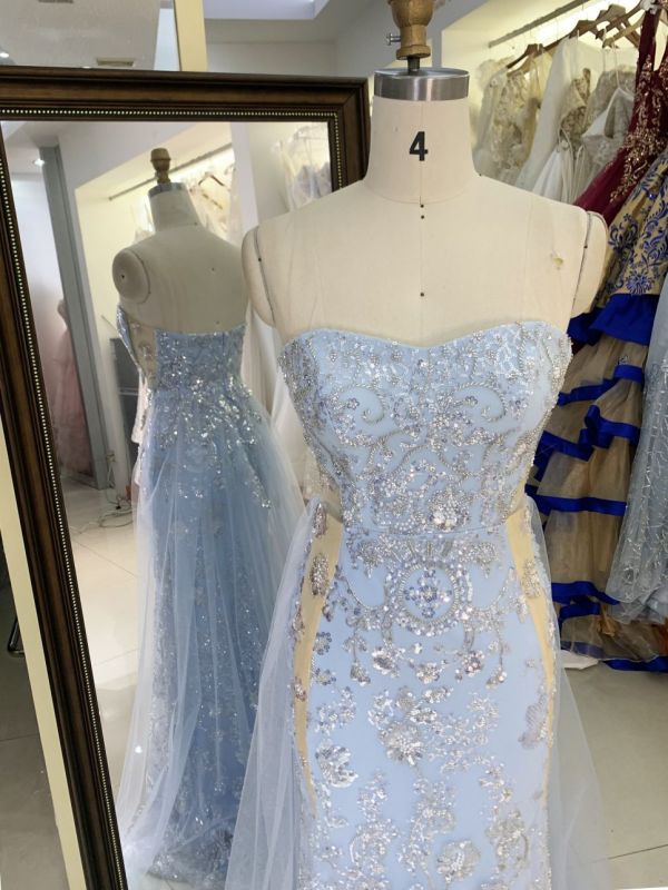 light blue sweetheart corset sequin mermaid overskirt glitter mermaid zipper up back long gown evening prom dress 2025