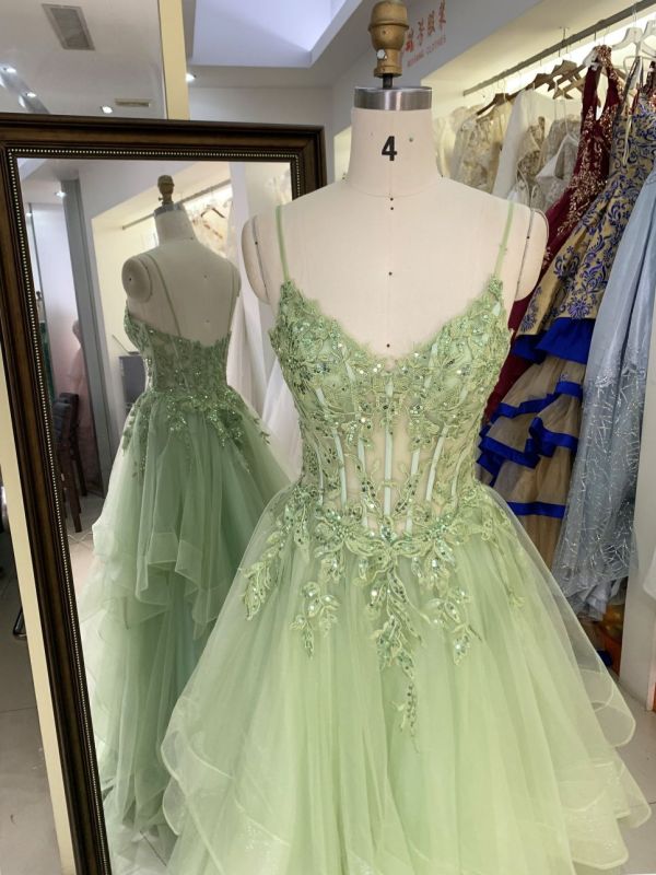 Wholesale corset mint green embroidery tulle ruffle skirt sleeveless zipper up back A line prom evening dresses 2025