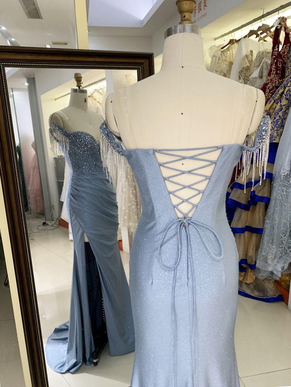 Dusty blue off shoulder corset rhinestone shiny jersey mermaid hand pleated long gown evening prom dress 2025