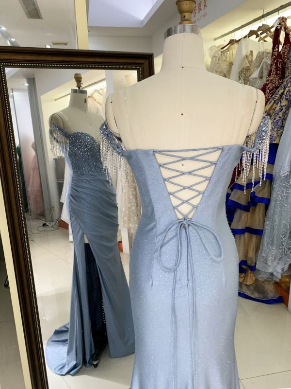 Dusty blue off shoulder corset rhinestone shiny jersey mermaid hand pleated long gown evening prom dress 2025