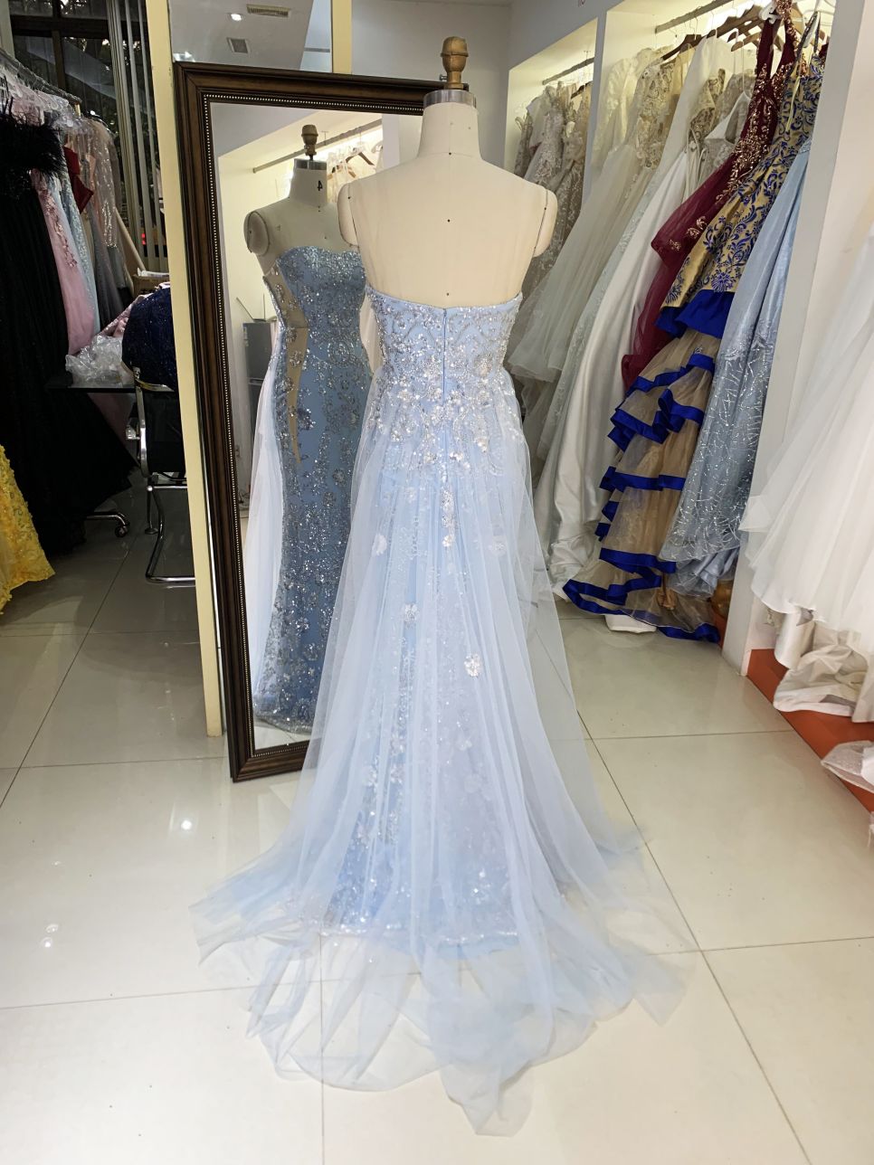 light blue sweetheart corset sequin mermaid overskirt glitter mermaid zipper up back long gown evening prom dress 2025
