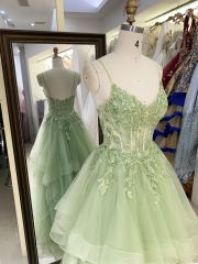 Wholesale corset mint green embroidery tulle ruffle skirt sleeveless zipper up back A line prom evening dresses 2025