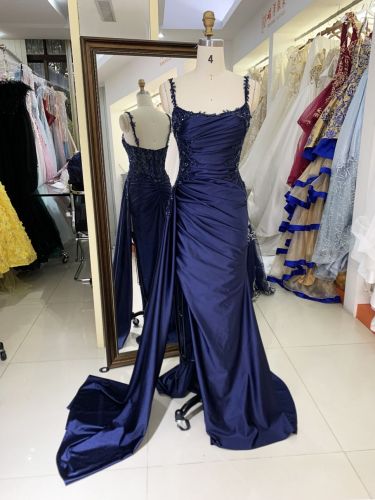 2025 New beading wholesale elegant long gowns navy evening dresses for prom dress girl
