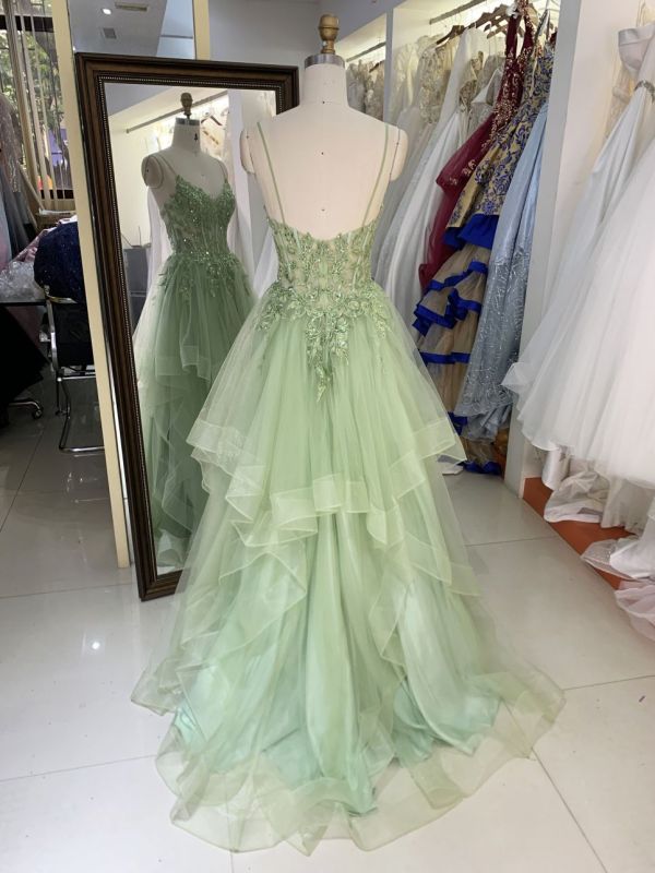 Wholesale corset mint green embroidery tulle ruffle skirt sleeveless zipper up back A line prom evening dresses 2025