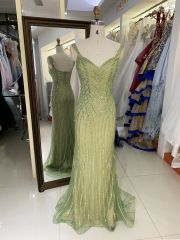 New luxury wholesale sage beading chain long gowns evening dresses women for prom 2025