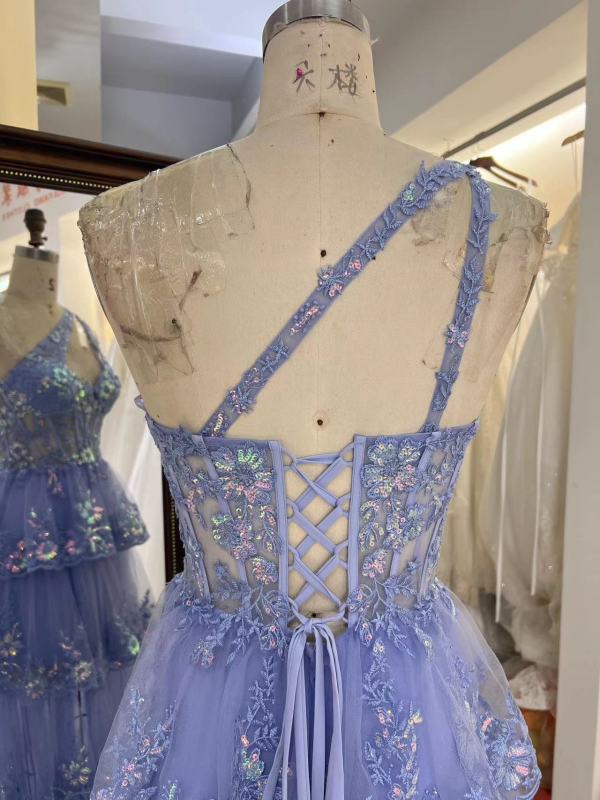 New floral wholesale one shoulder evening prom dresses ruffle with corset top 2025 for girl