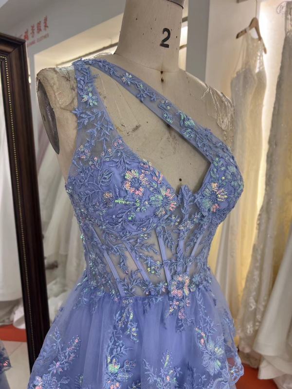 New floral wholesale one shoulder evening prom dresses ruffle with corset top 2025 for girl