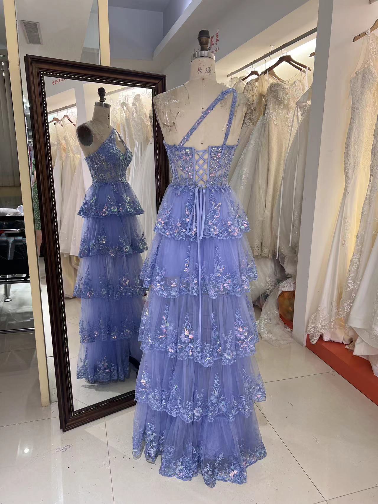 New floral wholesale one shoulder evening prom dresses ruffle with corset top 2025 for girl