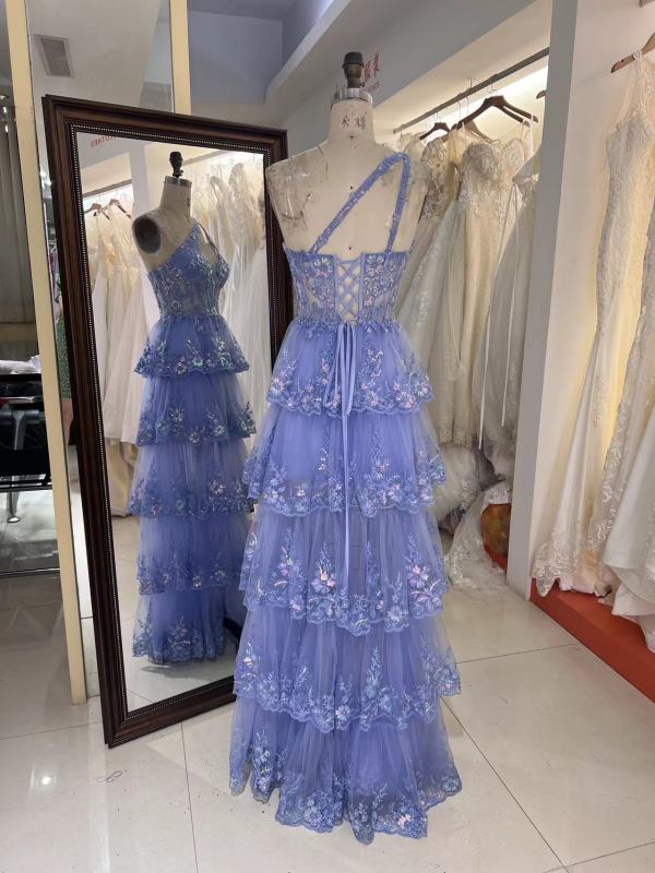 New floral wholesale one shoulder evening prom dresses ruffle with corset top 2025 for girl