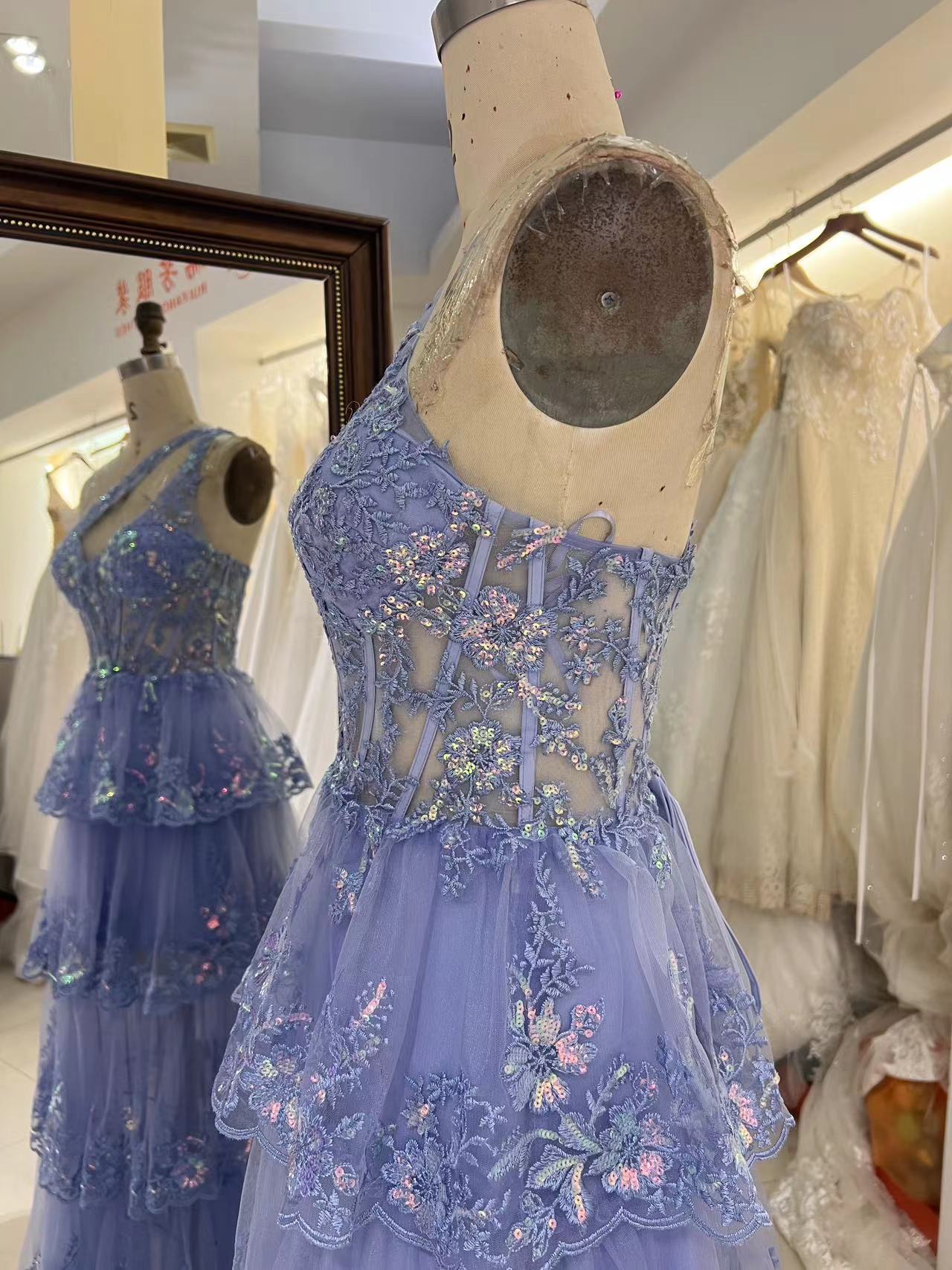 New floral wholesale one shoulder evening prom dresses ruffle with corset top 2025 for girl
