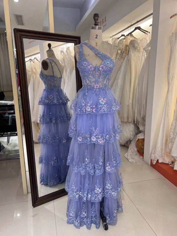 New floral wholesale one shoulder evening prom dresses ruffle with corset top 2025 for girl