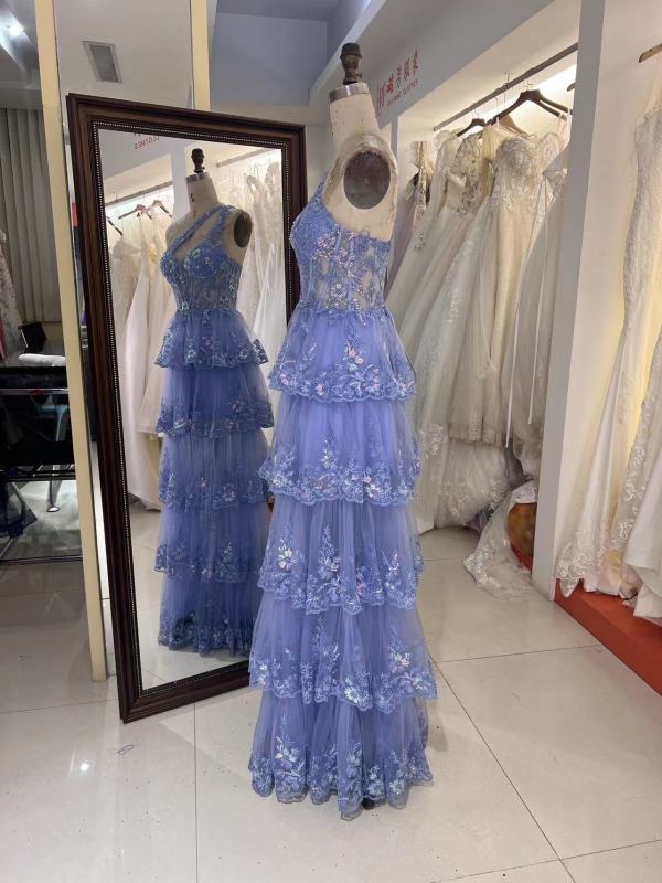 New floral wholesale one shoulder evening prom dresses ruffle with corset top 2025 for girl