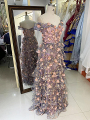Off shoulder 3D pink flower glitter ruffle corset A line prom evening dresses