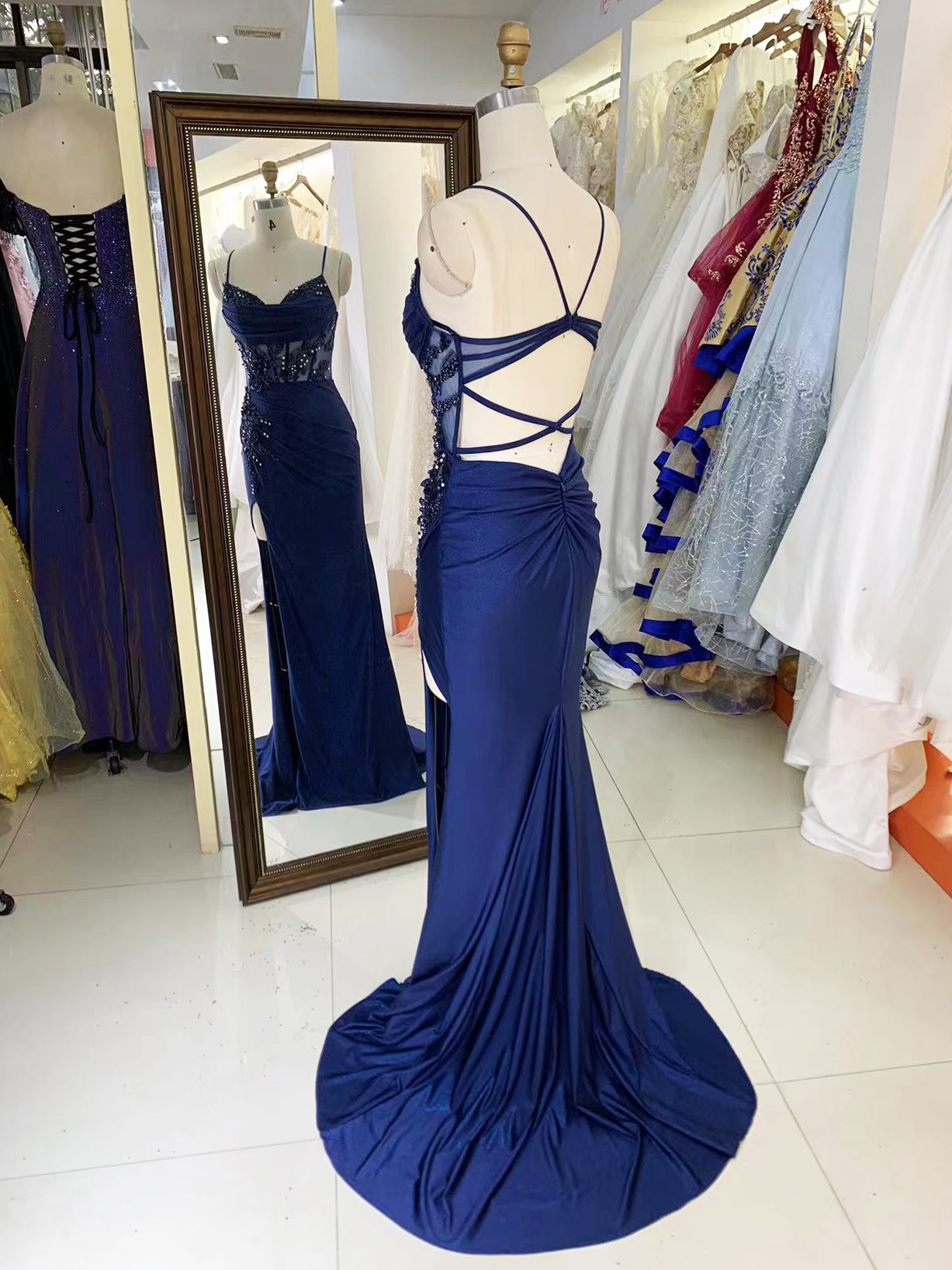 See through corset navy blue sleeveless embroidery sequin beading hand pleated shiny satin mermaid prom evening dresses