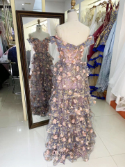 Off shoulder 3D pink flower glitter ruffle corset A line prom evening dresses