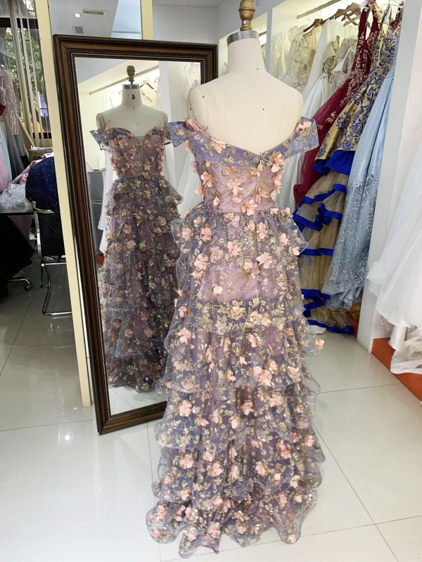 Off shoulder 3D pink flower glitter ruffle corset A line prom evening dresses
