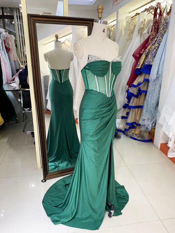 Wholesale see through corset emerald green sleeveless beading pleated shiny satin mermaid prom evening dresses