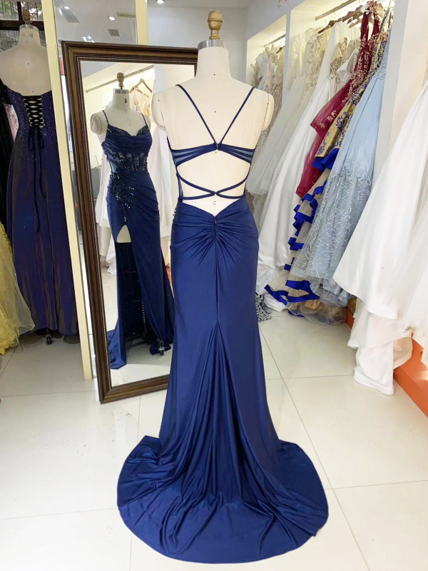 See through corset navy blue sleeveless embroidery sequin beading hand pleated shiny satin mermaid prom evening dresses