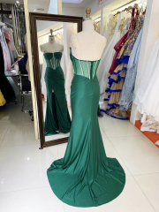 Wholesale see through corset emerald green sleeveless beading pleated shiny satin mermaid prom evening dresses