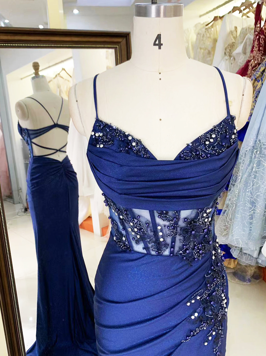 See through corset navy blue sleeveless embroidery sequin beading hand pleated shiny satin mermaid prom evening dresses
