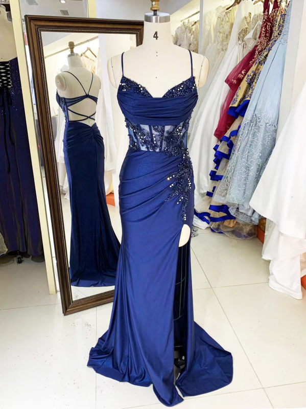 See through corset navy blue sleeveless embroidery sequin beading hand pleated shiny satin mermaid prom evening dresses