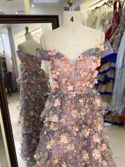 Off shoulder 3D pink flower glitter ruffle corset A line prom evening dresses