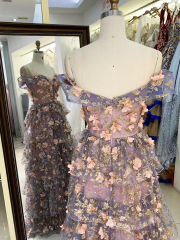 Off shoulder 3D pink flower glitter ruffle corset A line prom evening dresses