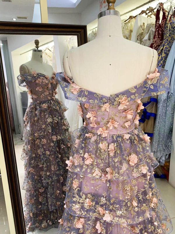 Off shoulder 3D pink flower glitter ruffle corset A line prom evening dresses