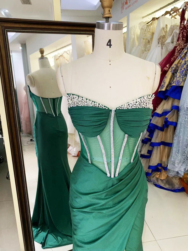Wholesale see through corset emerald green sleeveless beading pleated shiny satin mermaid prom evening dresses