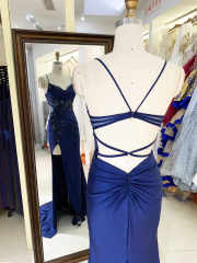 See through corset navy blue sleeveless embroidery sequin beading hand pleated shiny satin mermaid prom evening dresses