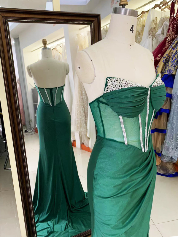 Wholesale see through corset emerald green sleeveless beading pleated shiny satin mermaid prom evening dresses
