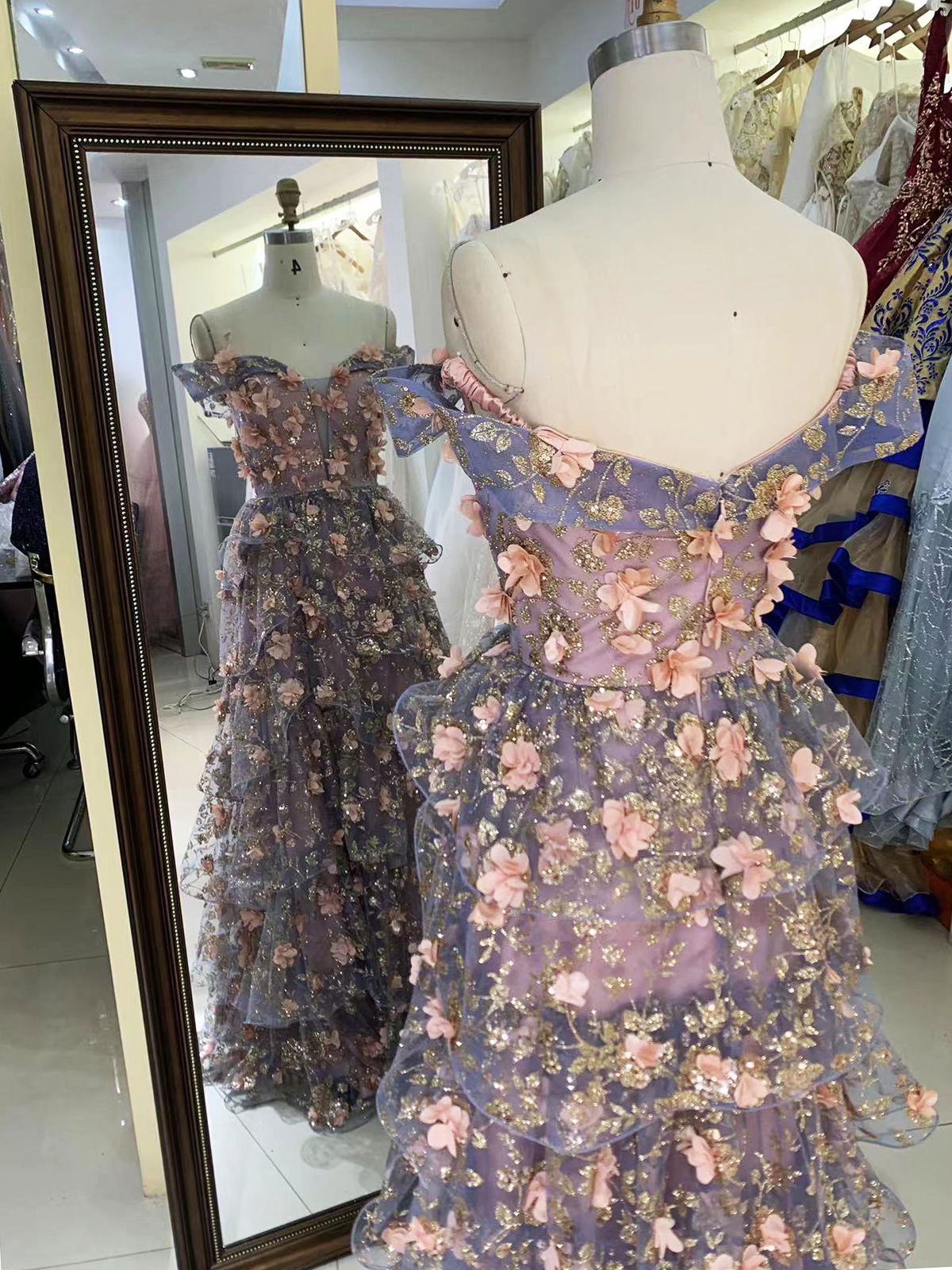 Off shoulder 3D pink flower glitter ruffle corset A line prom evening dresses