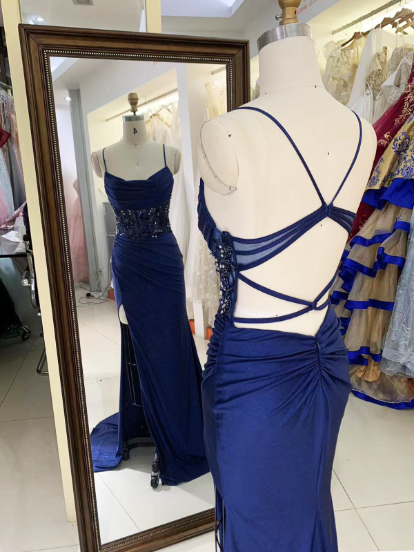 See through corset navy blue sleeveless embroidery sequin beading hand pleated shiny satin mermaid prom evening dresses