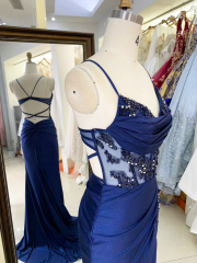 See through corset navy blue sleeveless embroidery sequin beading hand pleated shiny satin mermaid prom evening dresses