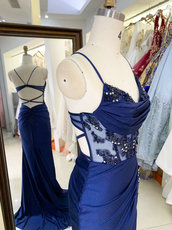 See through corset navy blue sleeveless embroidery sequin beading hand pleated shiny satin mermaid prom evening dresses