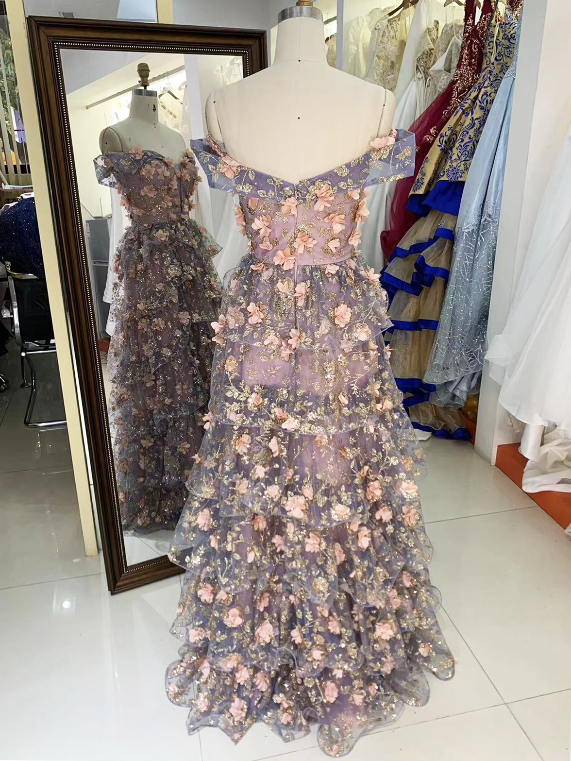 Off shoulder 3D pink flower glitter ruffle corset A line prom evening dresses