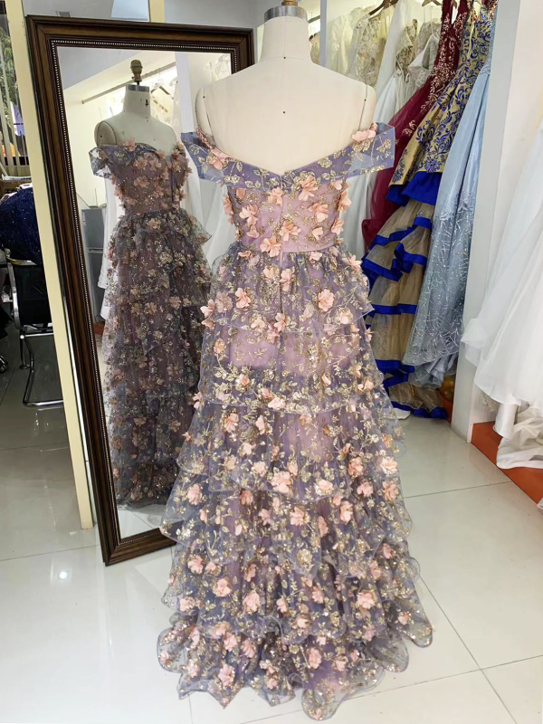 Off shoulder 3D pink flower glitter ruffle corset A line prom evening dresses