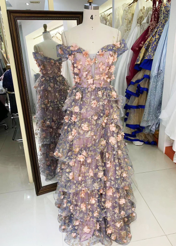 Off shoulder 3D pink flower glitter ruffle corset A line prom evening dresses