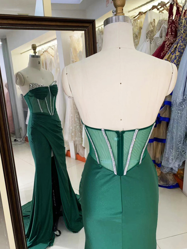 Wholesale see through corset emerald green sleeveless beading pleated shiny satin mermaid prom evening dresses