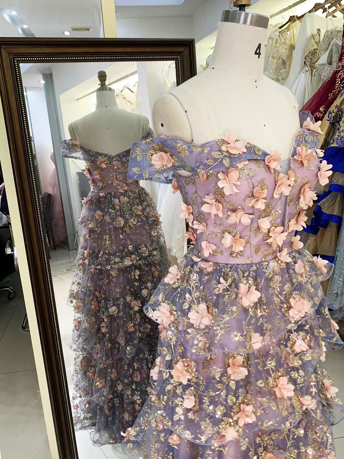 Off shoulder 3D pink flower glitter ruffle corset A line prom evening dresses