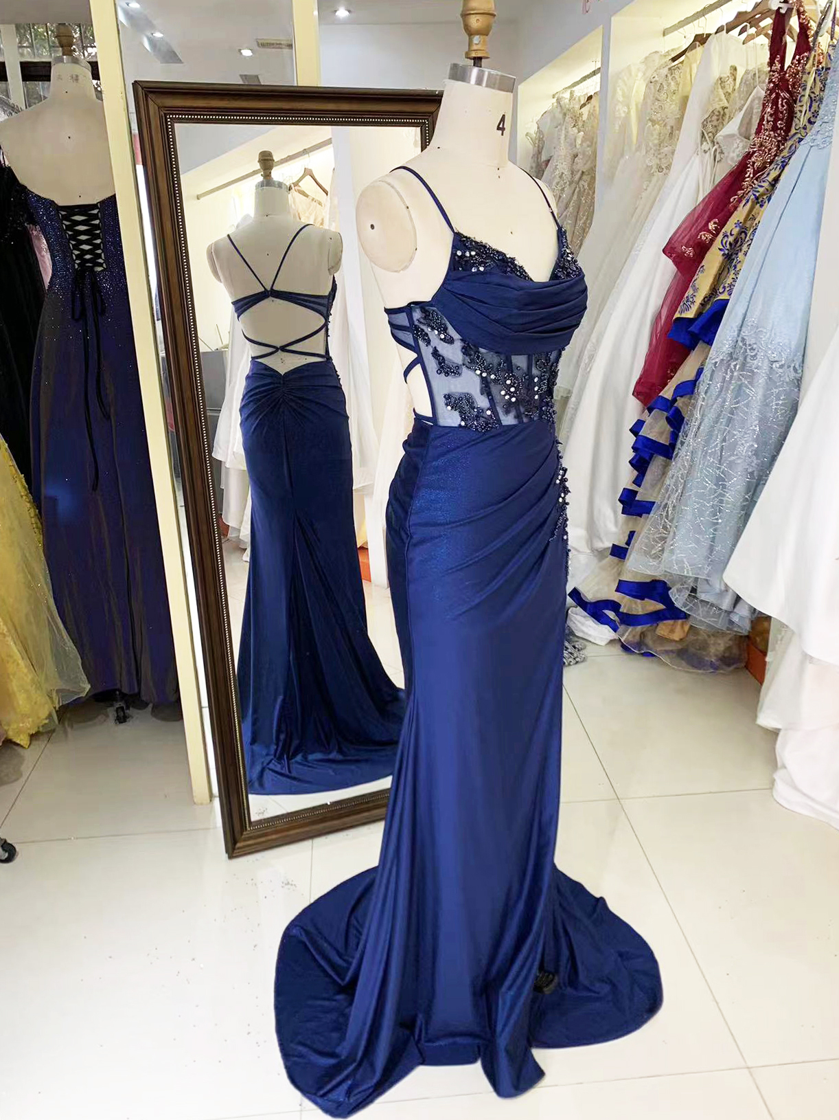 See through corset navy blue sleeveless embroidery sequin beading hand pleated shiny satin mermaid prom evening dresses