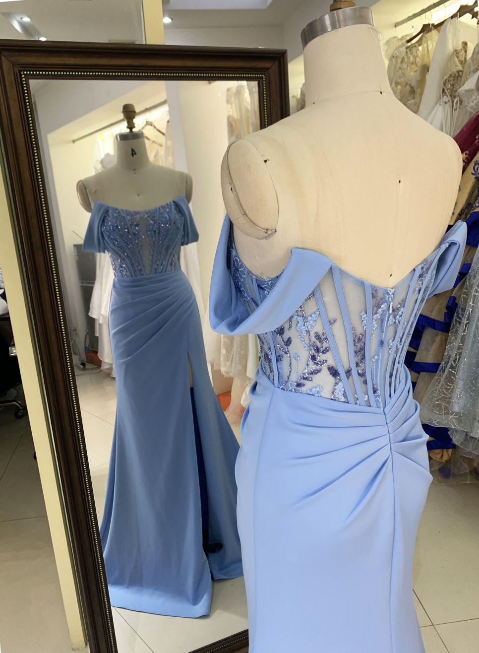 2025 New off shoulder boning sky blue prom dresses women lady elegant long gowns evening for girl